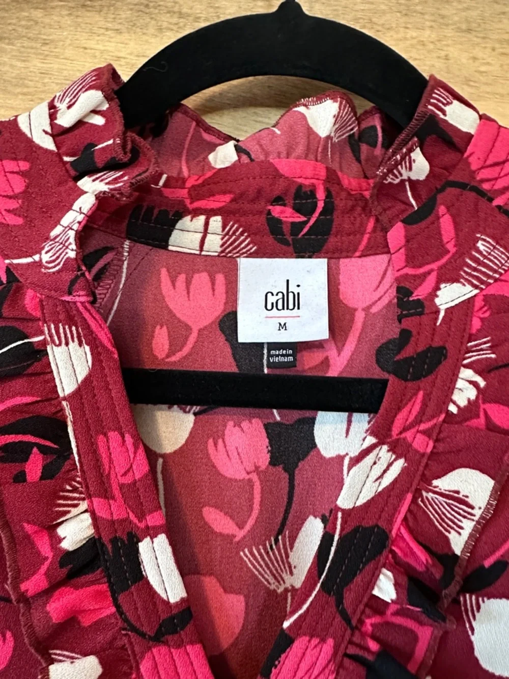 CAbi Raspberry Floral Ruffle V-Neck Blouse - Picture 2 of 3